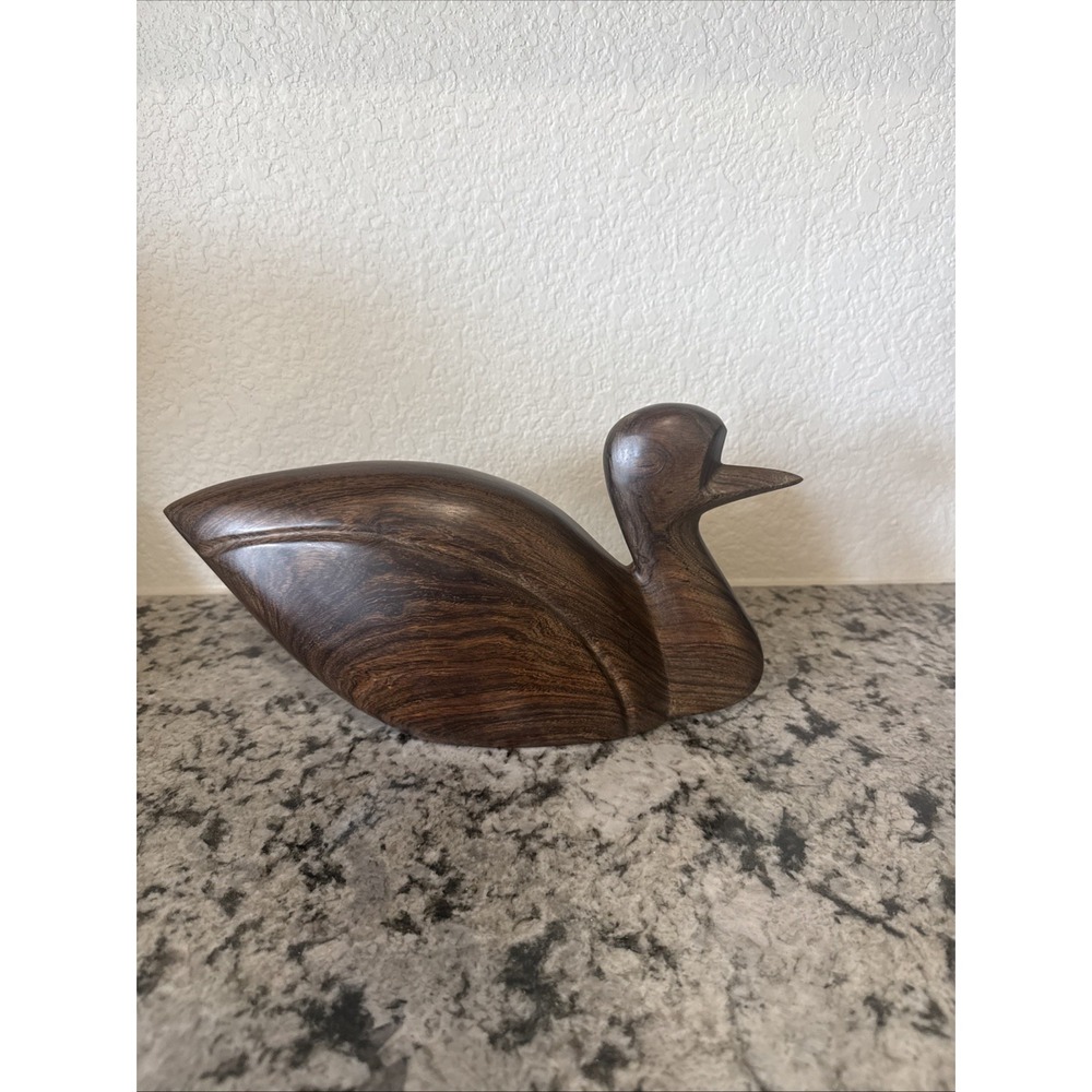 Vintage Heavy Ironwood Dark Brown Hand Carved Duck Sculpture 10 In